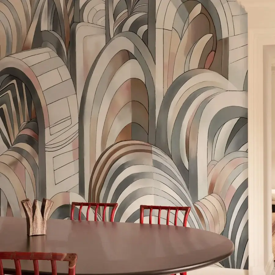 Elegant Wall&Decò Kalah wallpaper presents a three-dimensional architectural illusion with arches in muted grays, beiges, and pale rose tones with d.TW d.ecodura™ Texture finish