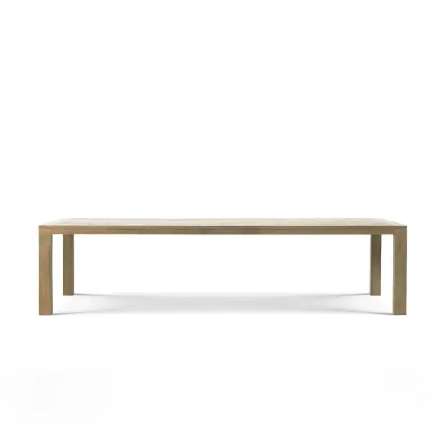 Exceptional Ethimo Costes table crafted in FSC-certified natural teak with a slatted top highlighting warm beige-brown wood grain