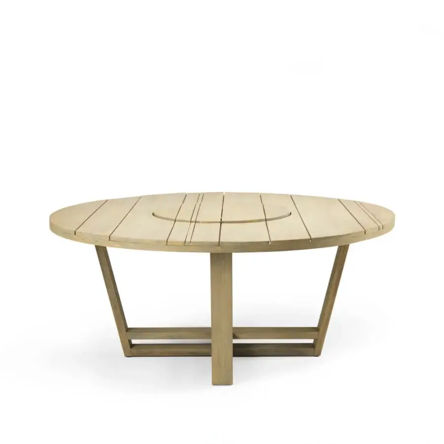 Superior Ethimo Costes table crafted in FSC-certified natural teak with a pickled finish and revolving slatted design