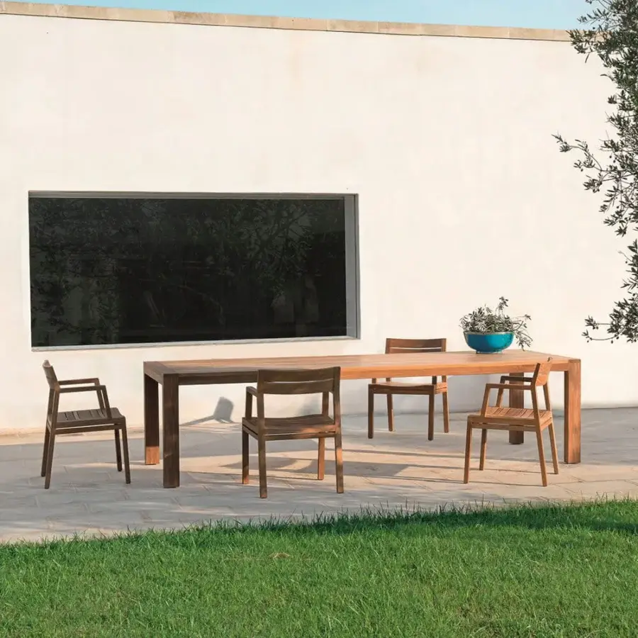 Elegant Ethimo Costes table crafted in FSC-certified natural teak with a pickled finish and signature slatted design