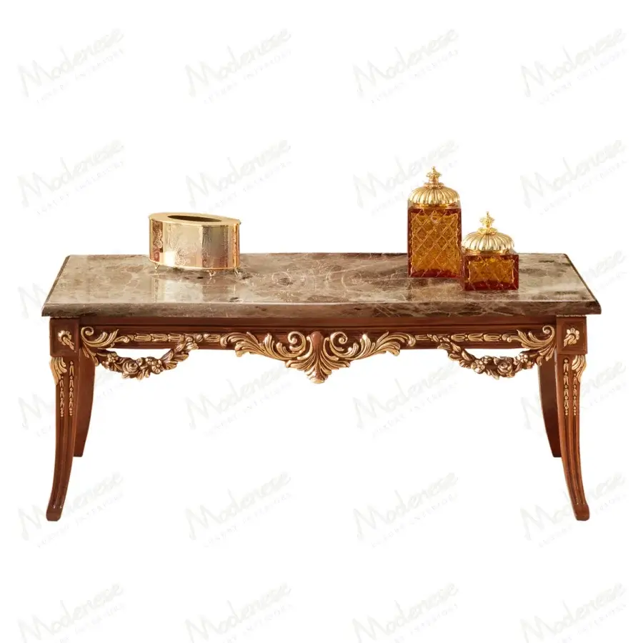 Superior Modenese Rubino Delight coffee table crafted with polished marble top and reddish-brown, glossy solid wood with gold-leaf carvings