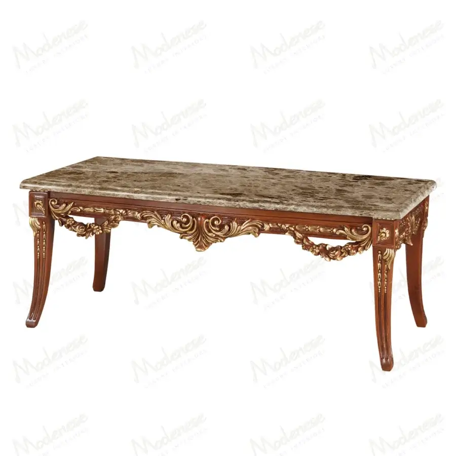 Distinguished Modenese Rubino Delight coffee table crafted with polished marble top and reddish-brown, glossy wood with gold-leaf carvings