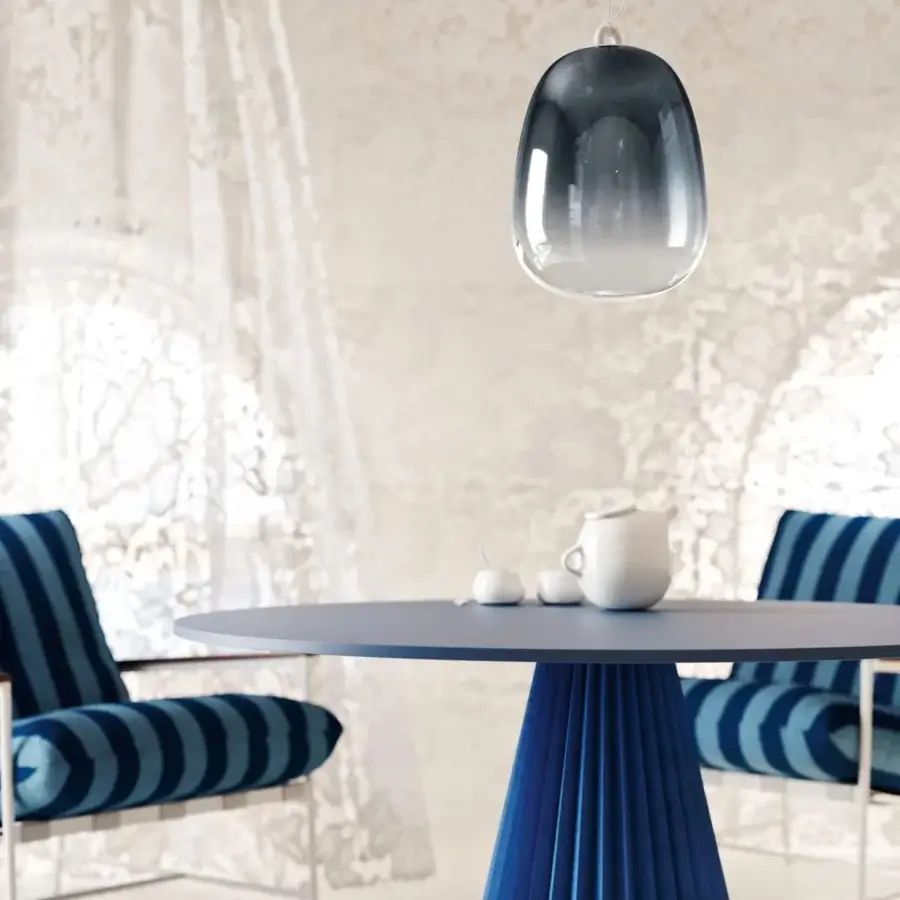 Superior Lodes Oblò Single suspension lamp with translucent smoky grey glass and white fabric-covered cable exhibiting a subtle gradient