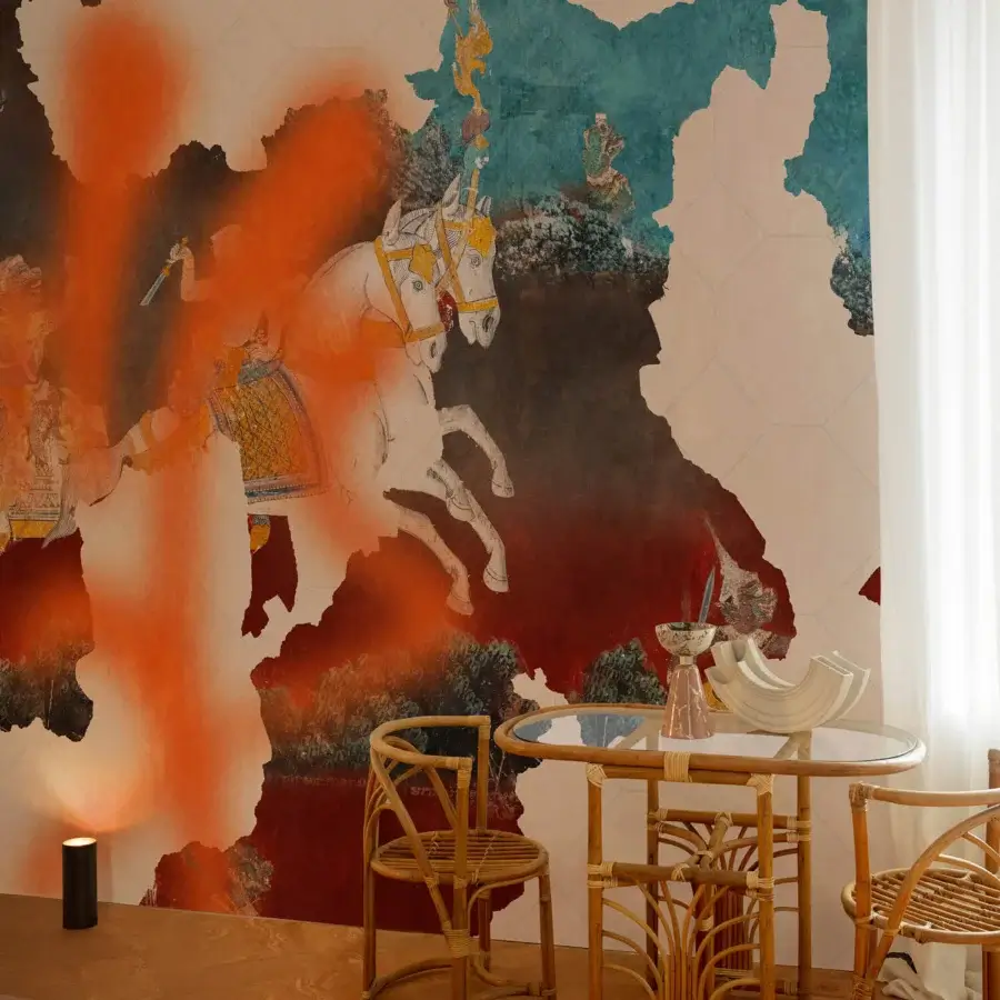 Exceptional Wall&Decò Overlap wallpaper with abstract fragmented scenes in orange, red, blue, and green tones, crafted in d.ecodura™ with a d.TW finish