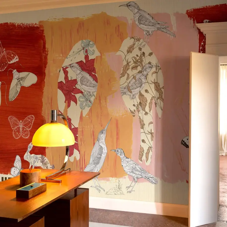Distinguished Wall&Decò In Out wallpaper with brushstrokes and illustrations in pastel pink, peach, and light blue d.ecodura™ with d.SW Sand finish