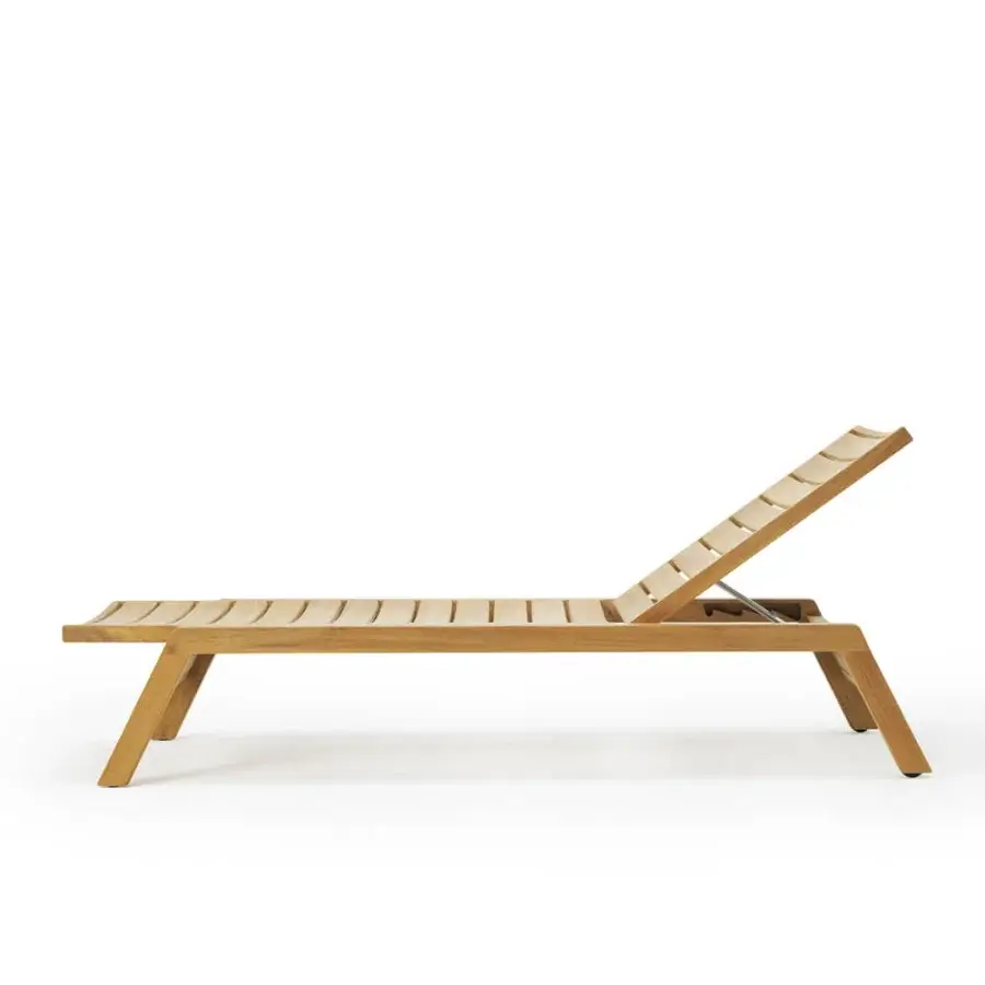 Distinguished Ethimo Costes lounger crafted in warm medium-toned brown FSC-certified teak with satin wood grain and a reclining silhouette