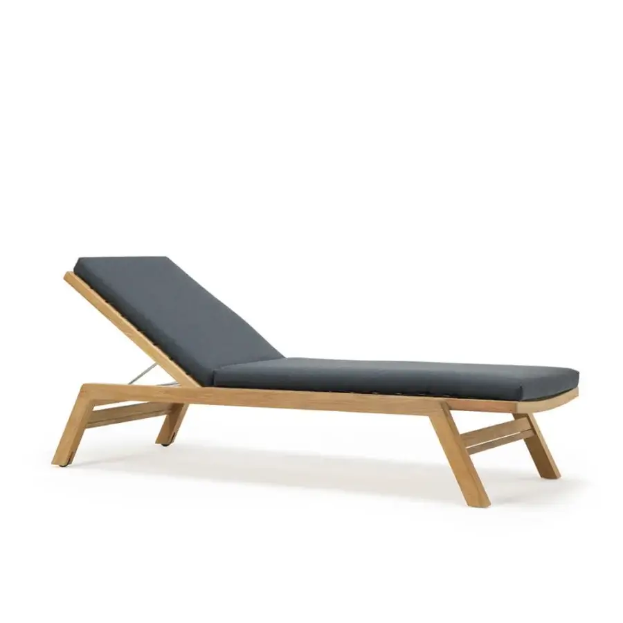 Exceptional Ethimo Costes lounger crafted in FSC-certified teak with a pickled finish and muted gray textile