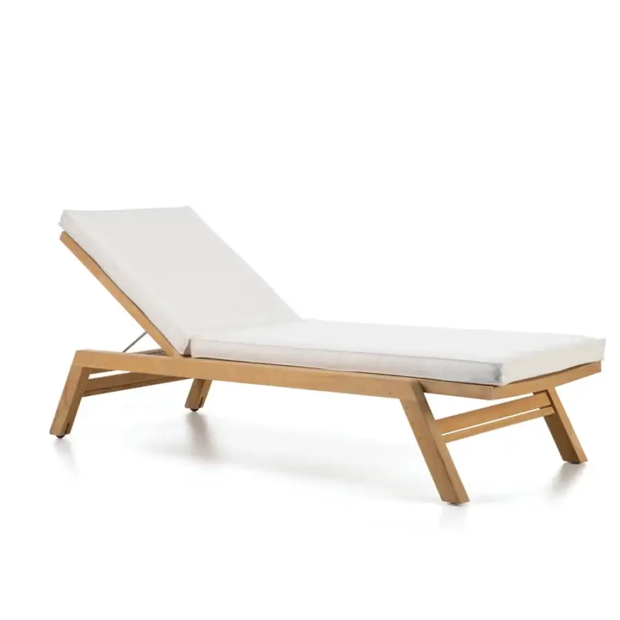 Exceptional Ethimo Costes lounger crafted in FSC-certified teak with white cushions and a warm natural finish