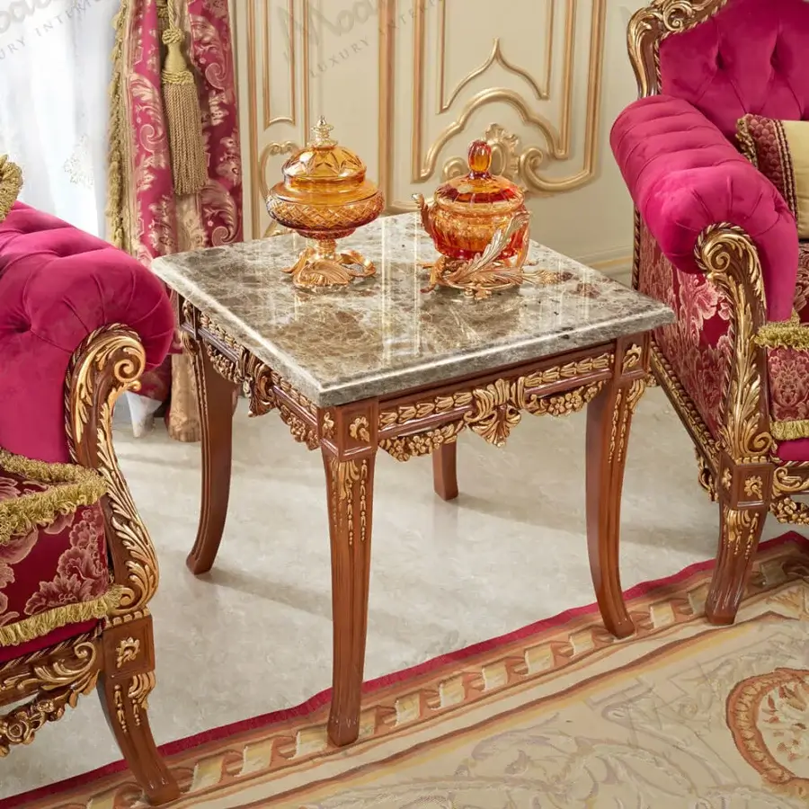 Meticulous Modenese Rubino Delight side table with gray and white marble top and deep walnut finished, hand-carved gold detailed frame