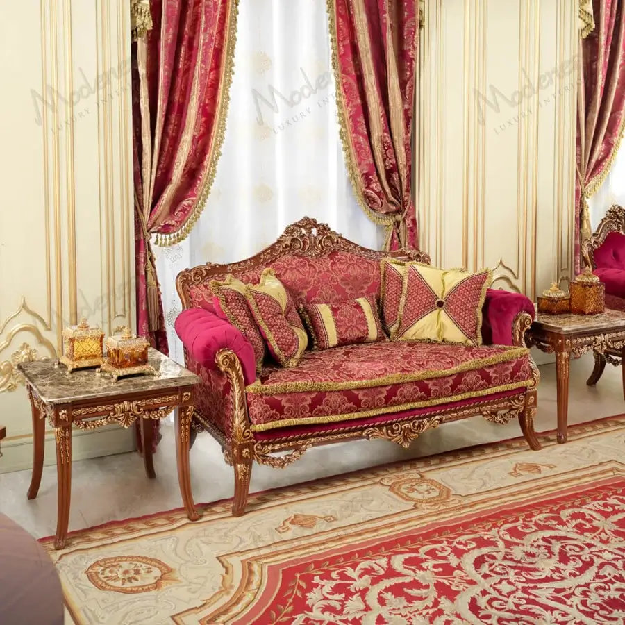 Lavish Modenese Rubino Delight side table crafted in walnut with hand-carved gold detailing and a marble top