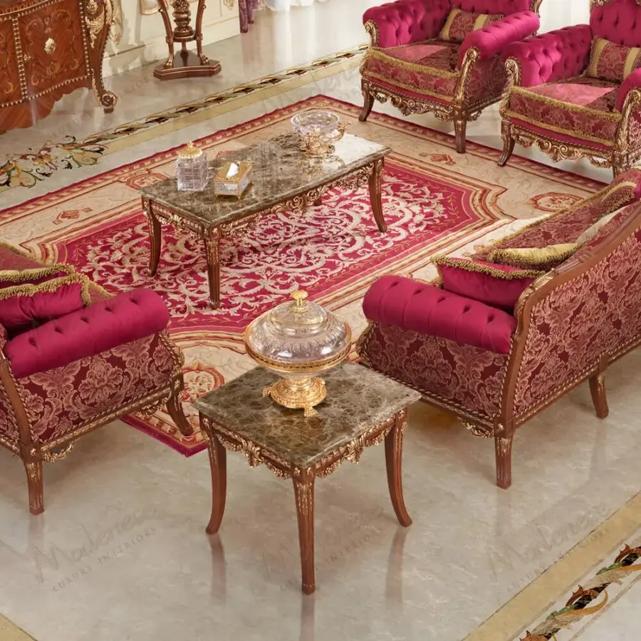 Exceptional Modenese Rubino Delight side table crafted in walnut with marble top and hand-carved gold detailing