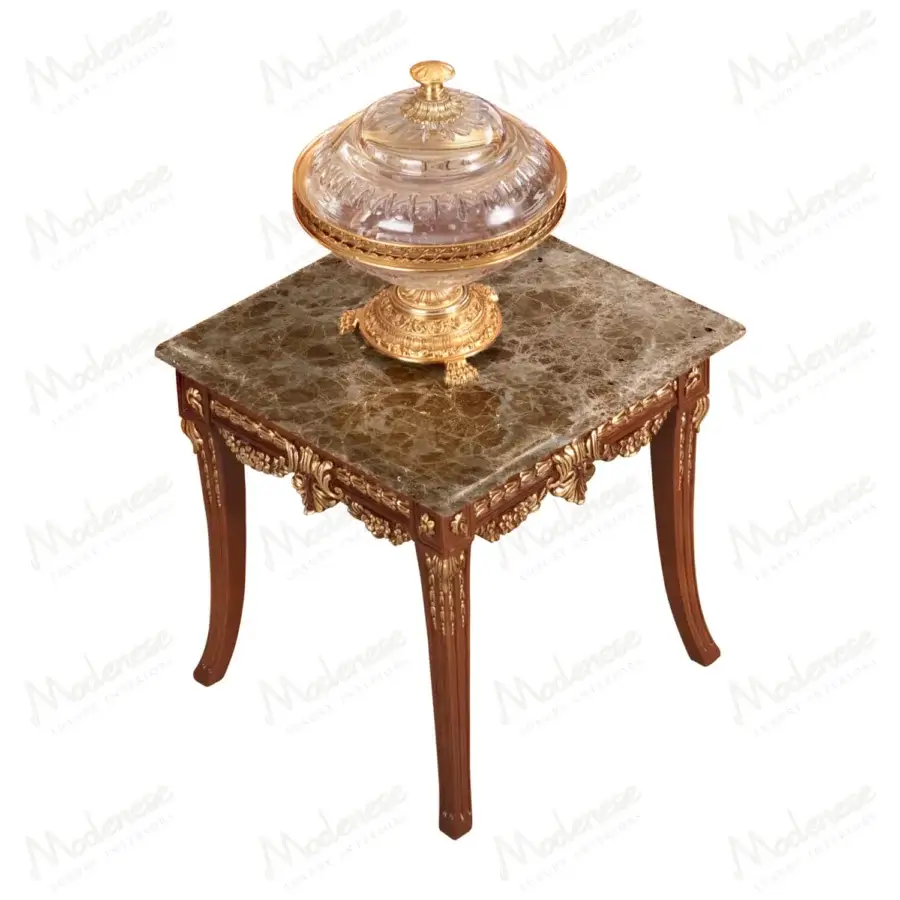 Superior Modenese Rubino Delight side table crafted in walnut with hand-carved gold detailing and luxurious marble top