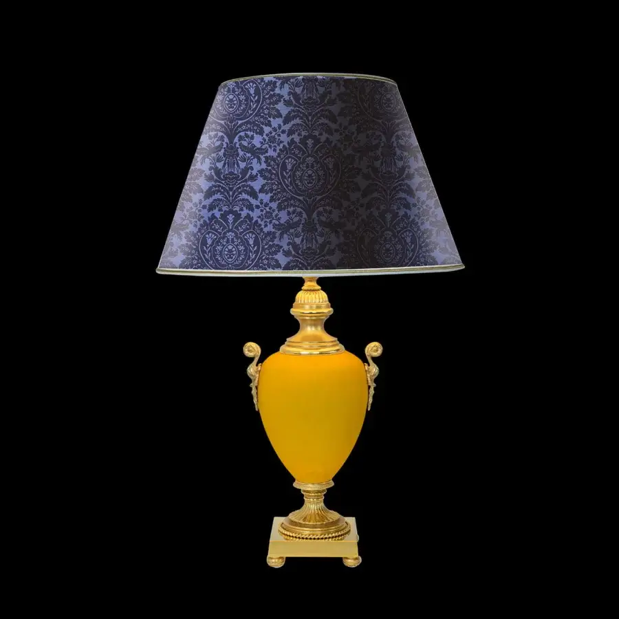Exquisite Laudarte Carsia Amalfi table lamp with radiant 24K gold-plated bronze and handmade Vietri sul Mare ceramic in yellow with patterned lampshade