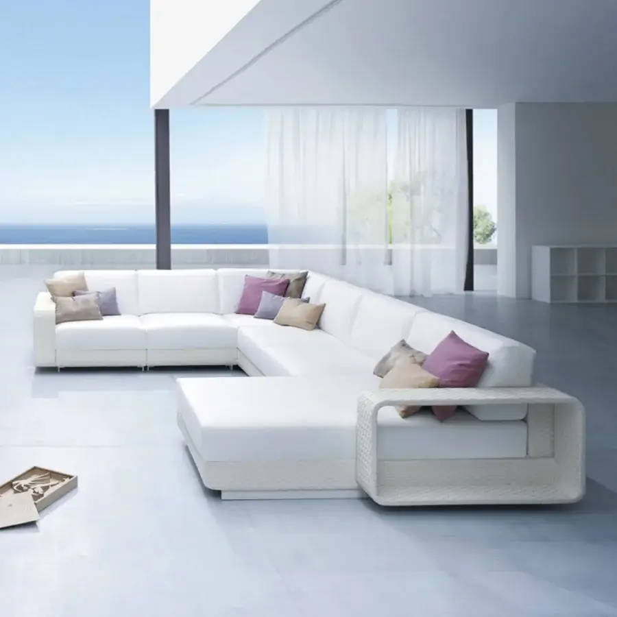 Distinguished Roberti Rattan Hamptons sectional sofa with durable aluminum frame and woven Sunweave in all-white finish