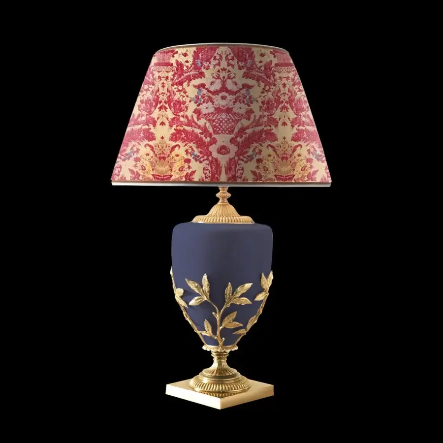 Exquisite Laudarte Chio Amalfi table lamp crafted in navy ceramic with 24K gold plated bronze and baroque patterned lampshade