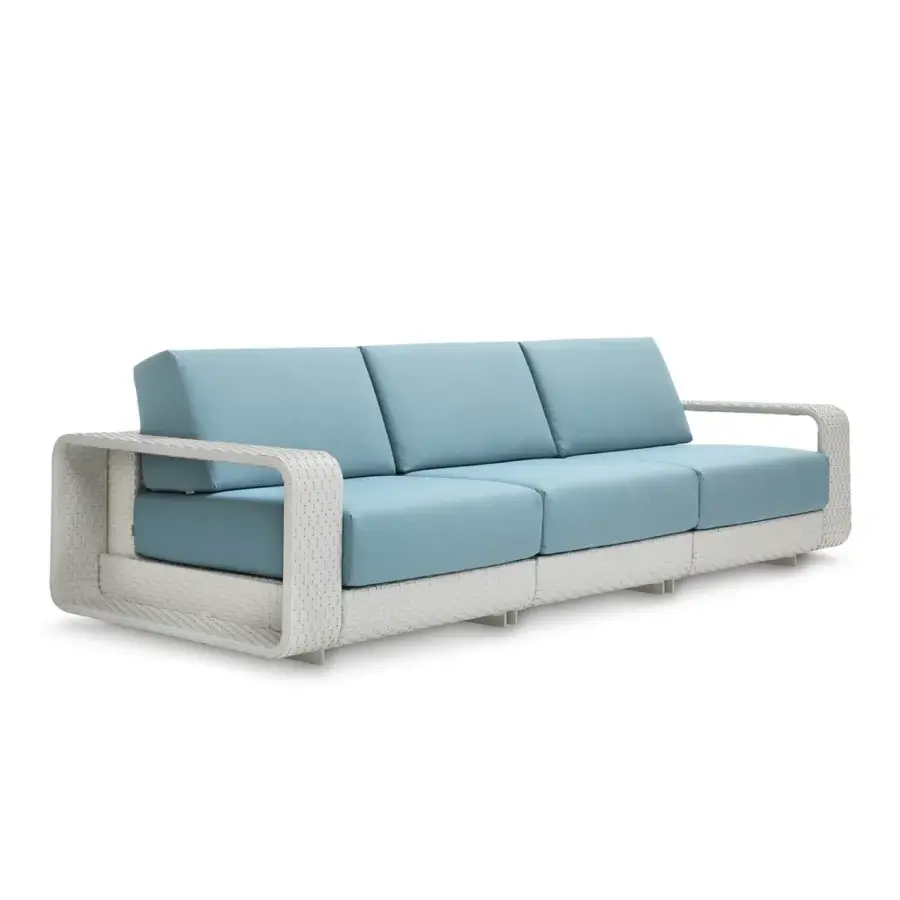 Elegant Roberti Rattan Hamptons sofa with aluminum frame, durable Sunweave, and matte textured finish