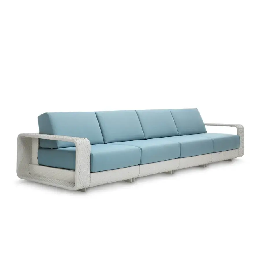 Exceptional Roberti Rattan Hamptons sofa with aluminum frame, light blue cushions, and durable Sunweave construction