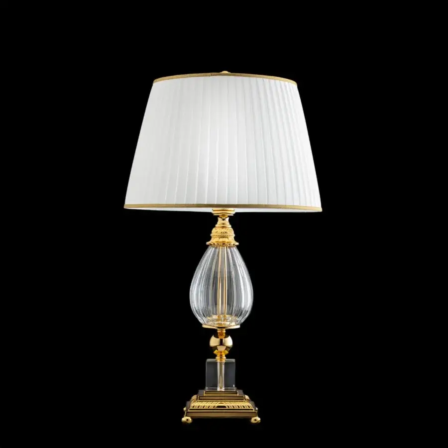 Exquisite Laudarte Cordelia table lamp crafted in Italy with bronze castings, 24K gold plating and clear crystal body
