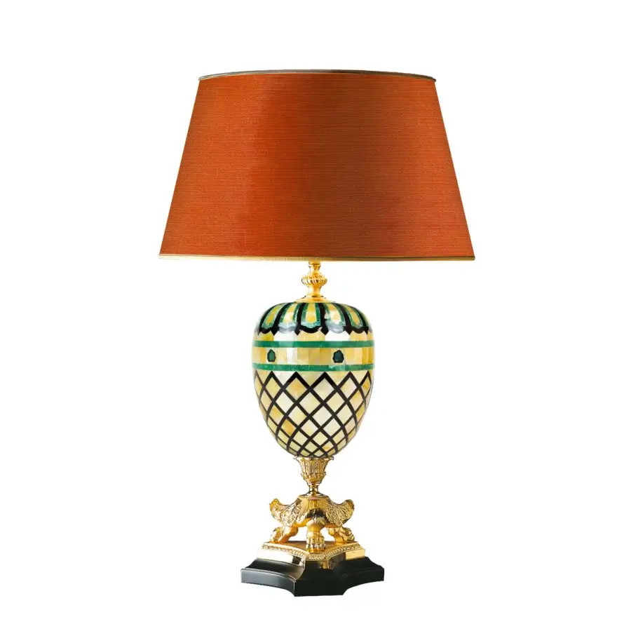 Lavish Laudarte Hottonia Amalfi table lamp crafted in bronze with 24K gold plating and mosaic work displaying natural stone with green accents