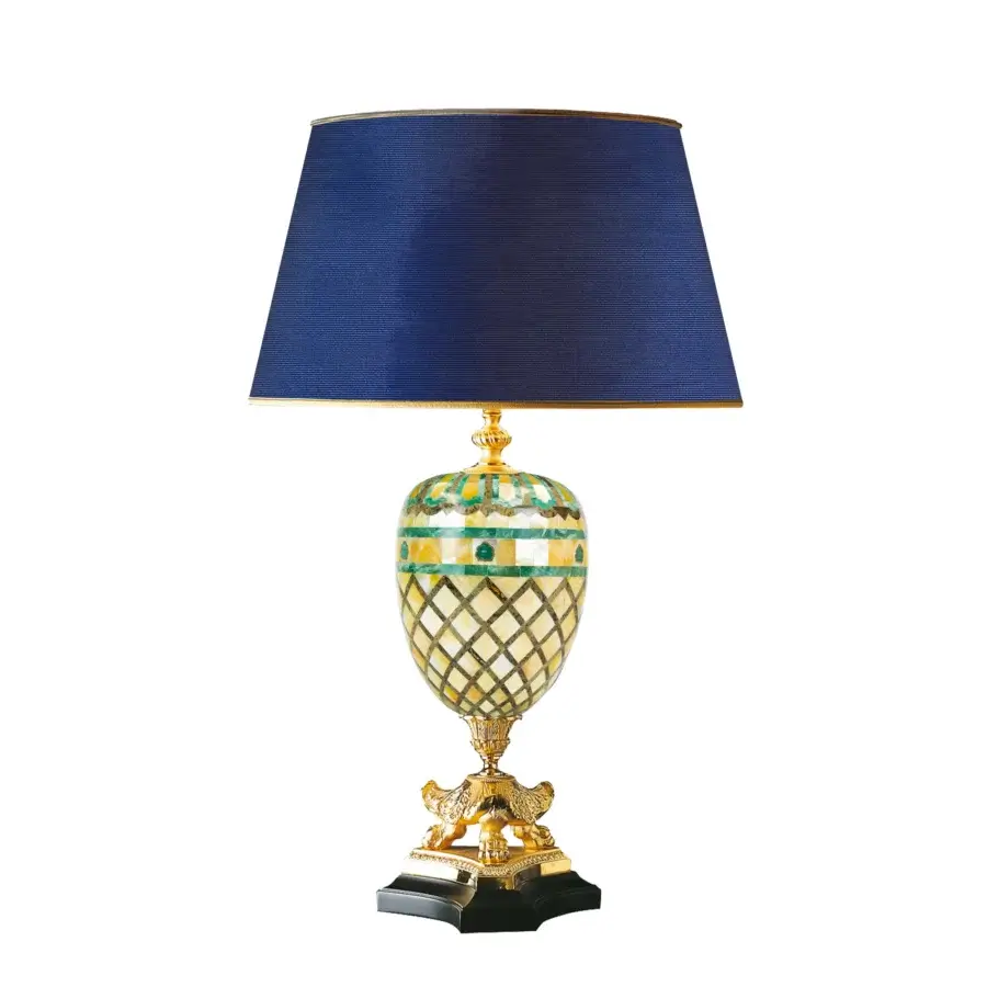 Exceptional Laudarte Hottonia Amalfi table lamp crafted in bronze with radiant 24K gold plating and natural stone mosaic with Moiré fabric lampshade