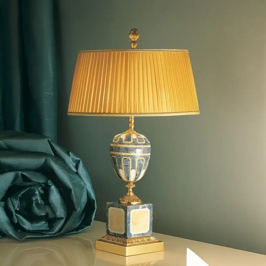Distinguished Laudarte Ilex table lamp crafted in bronze with 24K gold plating and natural stone mosaic detail