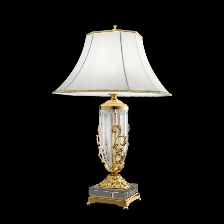 Distinguished Laudarte Siria table lamp crafted in Italy with bronze castings, 24K gold plating and a clear crystal base
