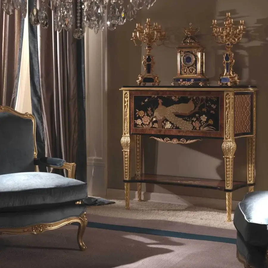 Exceptional Zanaboni W015 vanity crafted with glossy ebony, wood, copper, zinc, and brass inlays with gold-toned metal accents