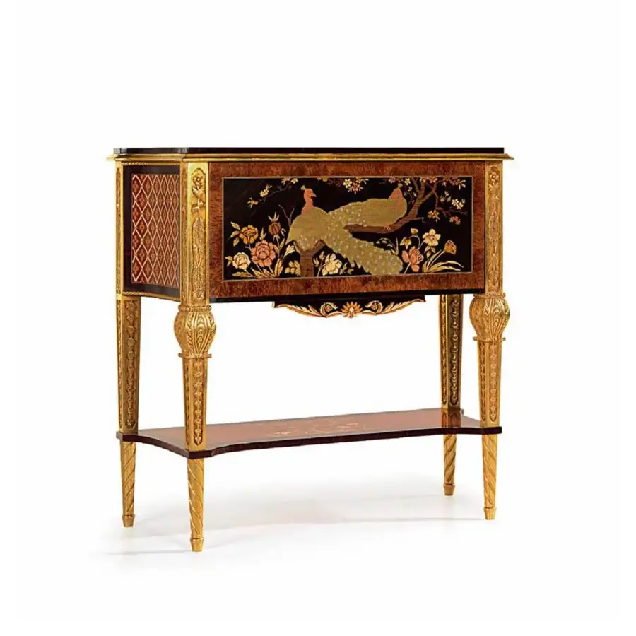 Distinguished Zanaboni W015 vanity crafted with ebony wood, copper, zinc, brass, gilded detailing and a glossy finish