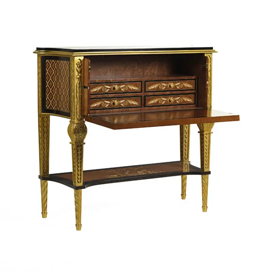 Exceptional Zanaboni W015 vanity crafted with ebony wood, copper, zinc, brass, and lustrous gilded metal detailing with a glossy finish