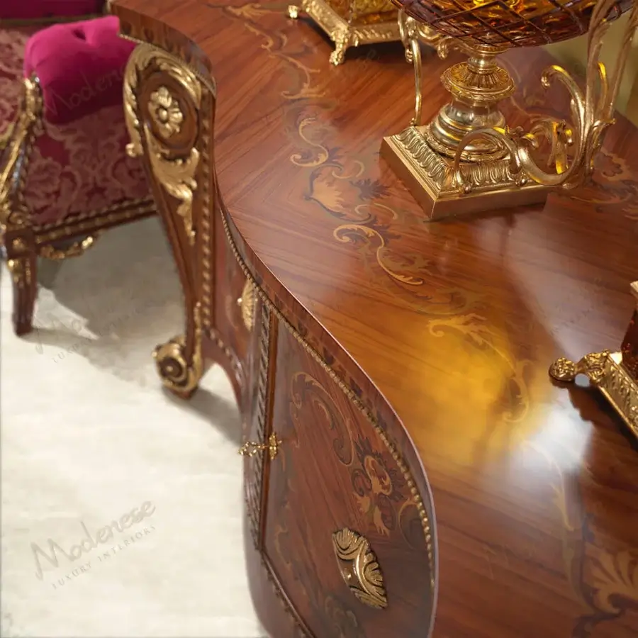 Superior Modenese Rubino Delight sideboard in reddish-brown wood with gold leaf floral carvings and polished finish
