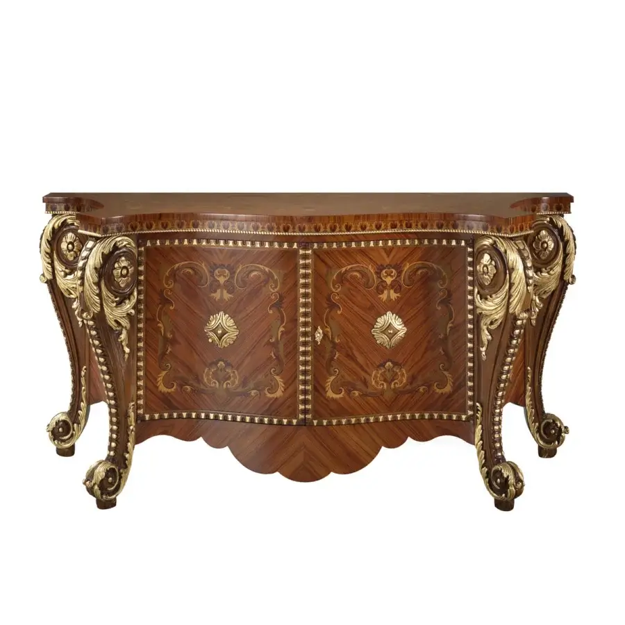 Lavish Modenese Rubino Delight sideboard crafted in warm brown wood with ornate gold leaf carvings and floral inlays, exhibiting a polished finish