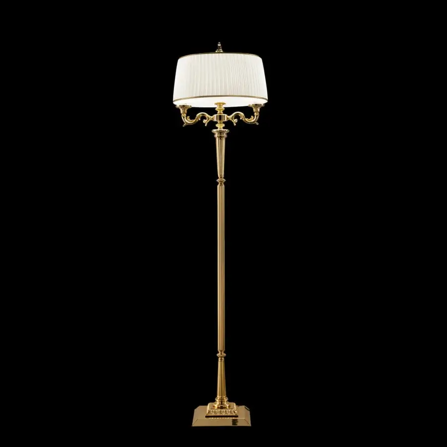 Exquisite Laudarte Alya floor lamp crafted in bronze with a luminous 24K gold-plated finish and creamy white textile lampshade