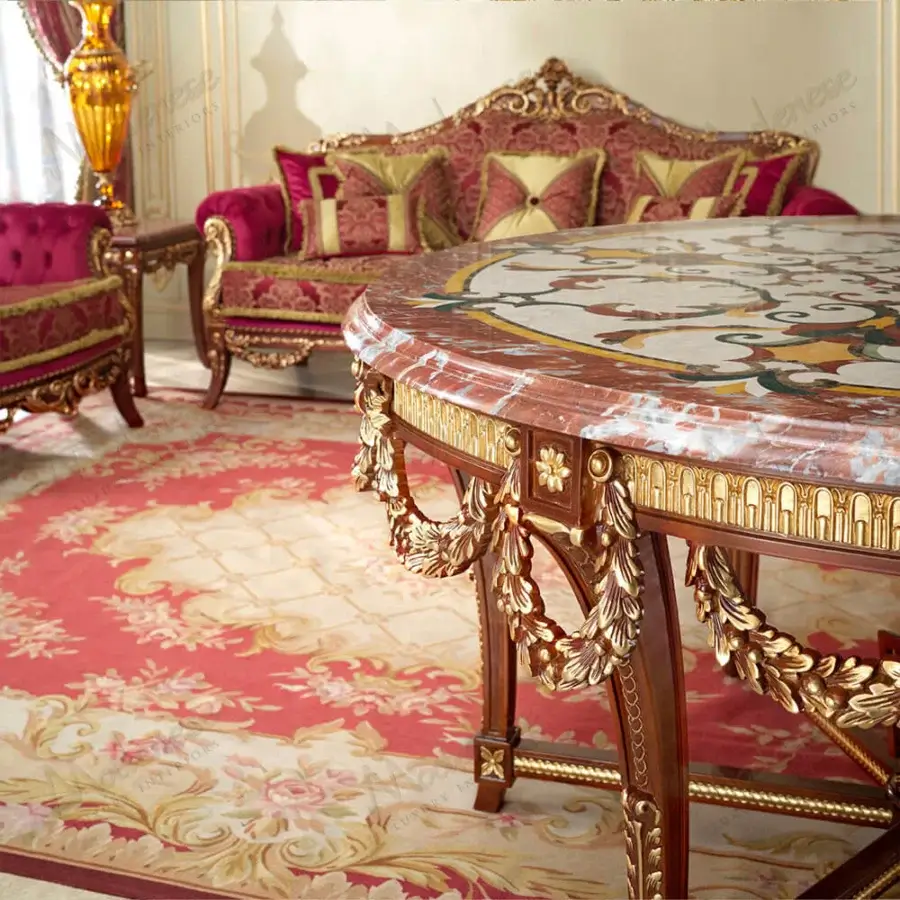 Lavish Modenese Rubino Delight center table crafted in walnut with creamy white marble and gold-leaf accents in high-gloss finish