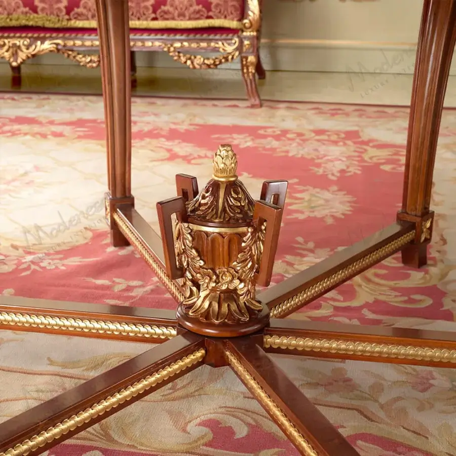 Superior Modenese Rubino Delight center table crafted in walnut with inlaid marble and gold leaf accents, exhibiting a glossy finish