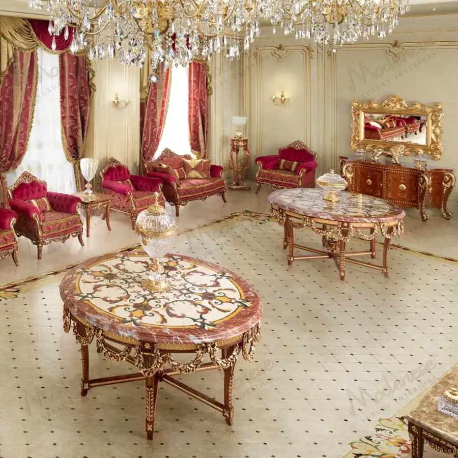 Distinguished Modenese Rubino Delight center table crafted in walnut with reddish-pink marble inlaid gold-toned floral motifs and glossy finish