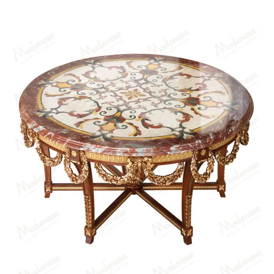 Exquisite Modenese Rubino Delight center table crafted in walnut with red, black, cream and gold inlaid marble tabletop