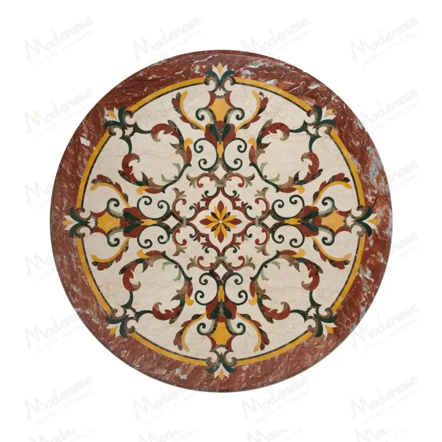 Lavish Modenese Rubino Delight center table crafted in marble and walnut with gold leaf accents and floral inlay