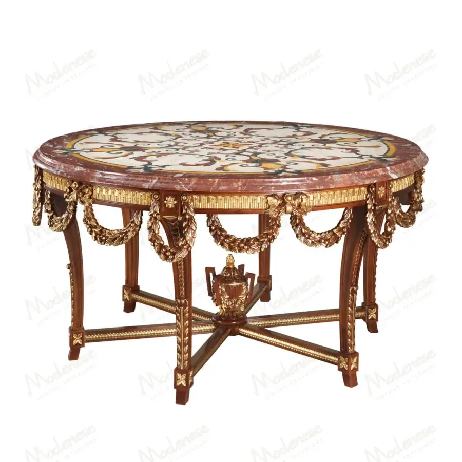 Superior Modenese Rubino Delight center table crafted in marble and walnut with gold leaf accents and glossy finish