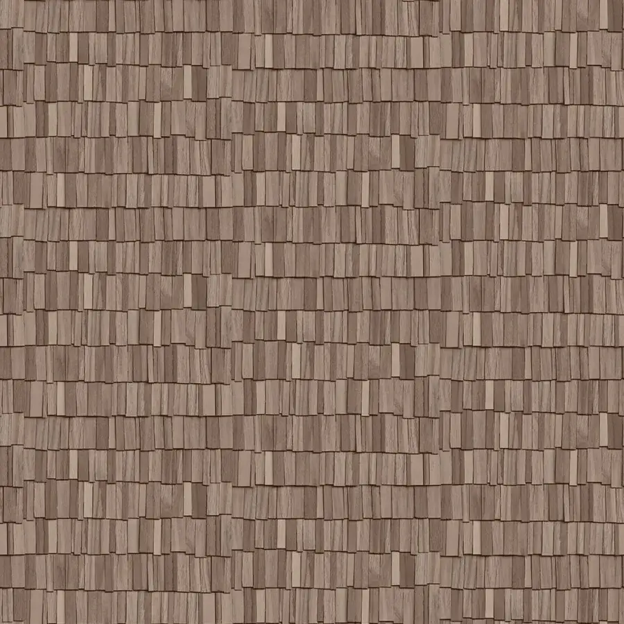 Elegant Wall&Decò Tavillion wallpaper replicates a shingle pattern in medium brown with textured vinyl and three-dimensional embossing