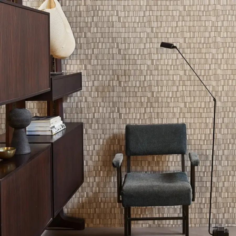 Superior Wall&Decò Tavillion wallpaper replicates architectural cladding in neutral beige vinyl with refined embossing and matte finish