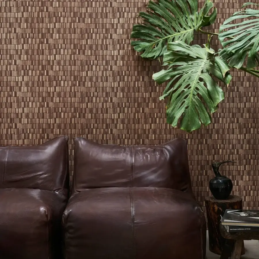 Exceptional Wall&Decò Tavillion wallpaper replicates rustic cladding with a textured vinyl surface in medium brown and subtle wood grain