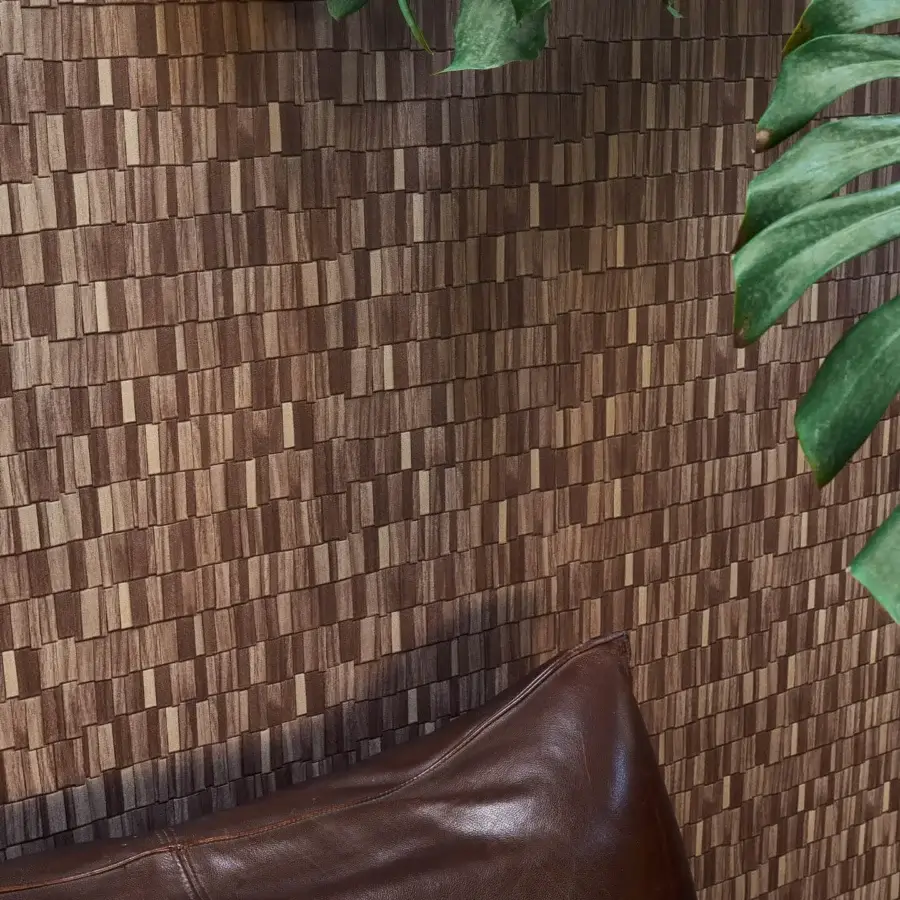 Architectural Wall&Decò Tavillion wallpaper exhibits a geometric woven wood pattern with a durable vinyl surface and matte finish