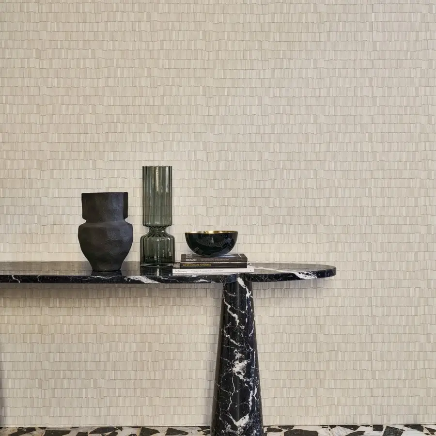 Superior Wall&Decò Tavillion wallpaper replicates rustic cladding with a geometric pattern in pale beige textured vinyl