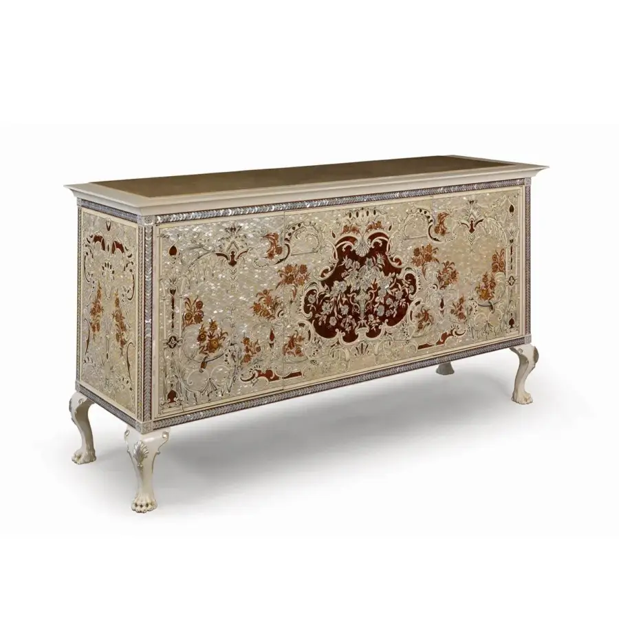 Superior Zanaboni W017 sideboard crafted with ebony and detailed inlays of wood, copper, zinc, and brass
