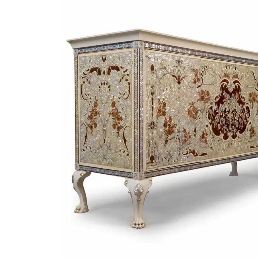 Exquisite Zanaboni W017 sideboard crafted with wood, mother-of-pearl inlay, copper, zinc, and brass with satin finish