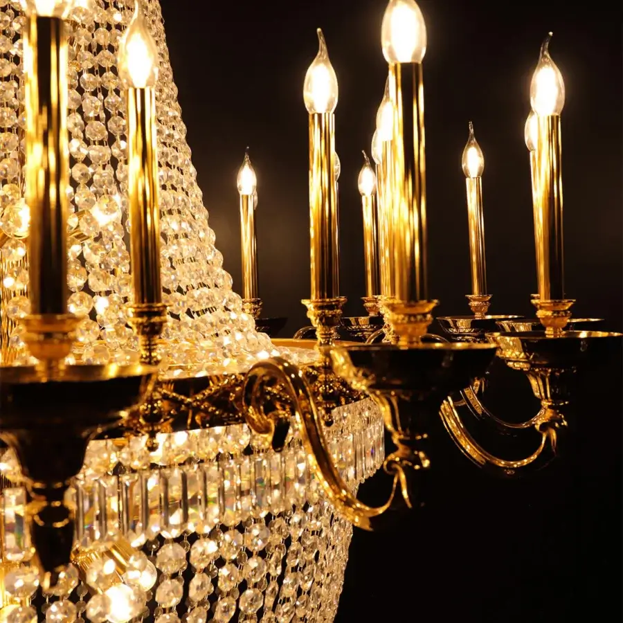 Superior Laudarte Impero chandelier crafted in bronze with a radiant 24K gold-plated finish and clear Asfour crystal pendants