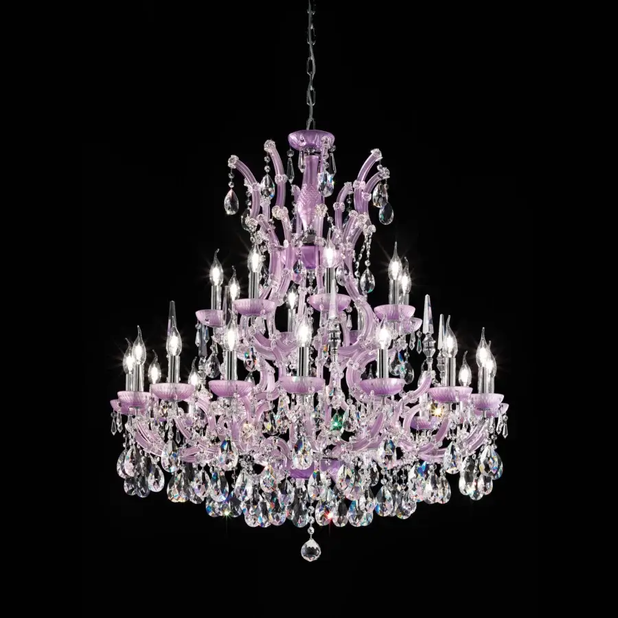 Exquisite Laudarte Oberon Lilac chandelier crafted in Italy with a palladium-plated structure, satin lilac crystal dishes and clear Asfour crystal pendants
