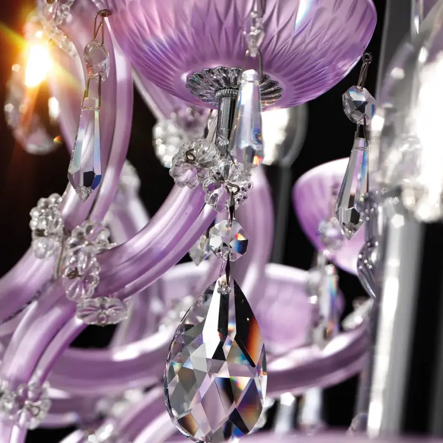 Lavish Laudarte Oberon Lilac chandelier crafted in Italy with a palladium-plated structure and Asfour crystal pendants