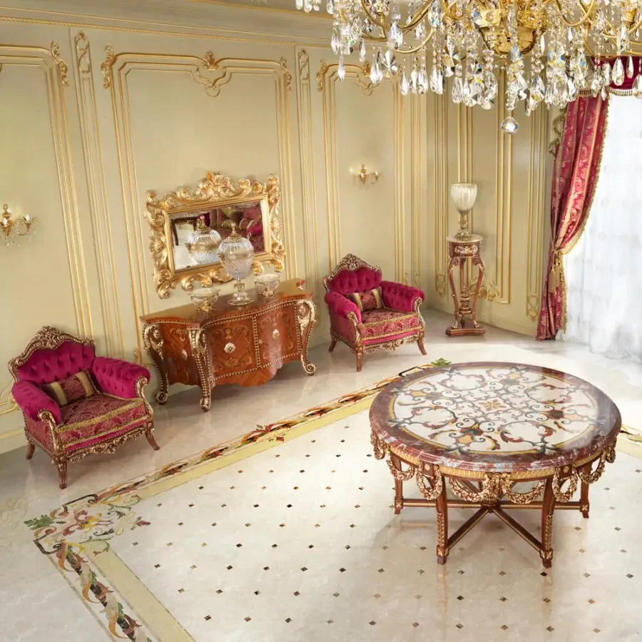 Distinguished Modenese Rubino Delight mirror crafted in glossy gold with carved wooden frame and floral motifs