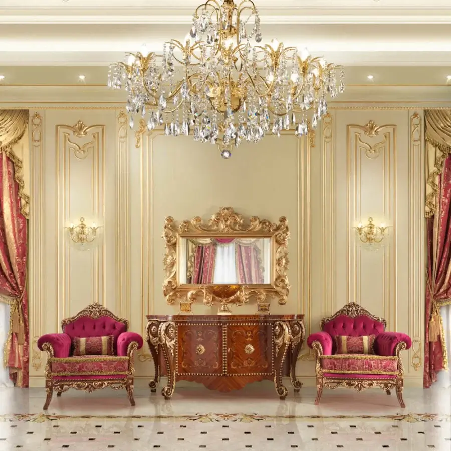 Exquisite Modenese Rubino Delight mirror crafted in gilded gold with carved wood and patterned textile details